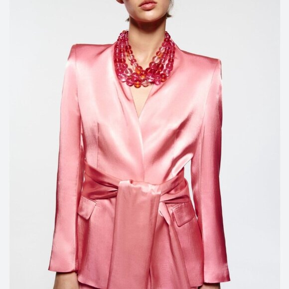 Zara Pink Satin Blazer With Belt Jacket Size XS